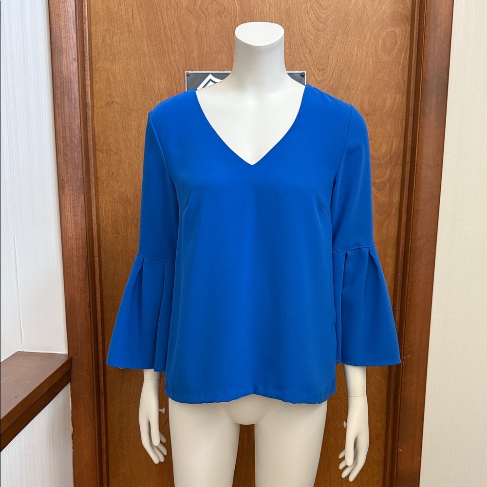 H&M Bold Blue Bracelet Length Bell Sleeve V-Neck Blouse Gently Worn 4